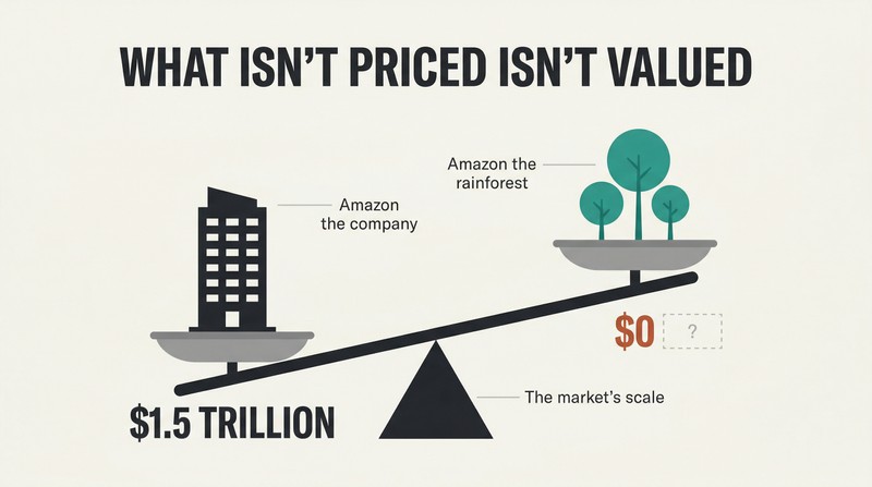 A tilted balance scale where a corporate building labeled $1.5 trillion outweighs a cluster of trees labeled $0 on the market ledger, showing how markets ignore unpriced natural value.