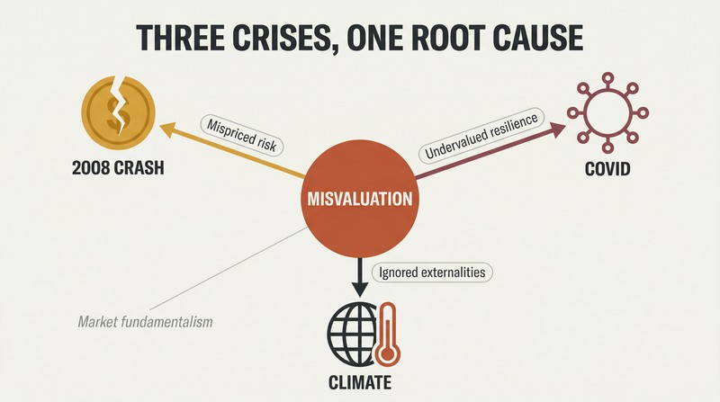 Hub-and-spoke diagram with misvaluation at the center radiating outward to three crises — the 2008 crash, Covid, and climate — each labeled with what markets failed to price.