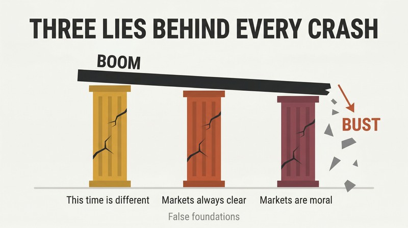 Three cracked pillars labeled with recurring financial delusions support a tilting platform that breaks apart from boom to bust.