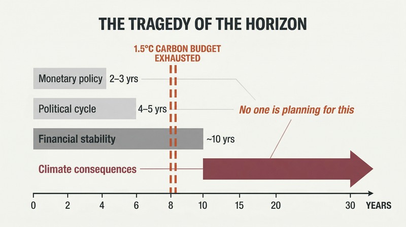 Horizontal bars showing political, monetary, and financial planning horizons all ending before a vertical dashed line marking carbon budget exhaustion at roughly eight years.