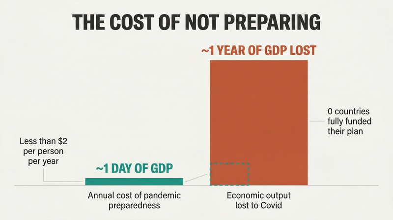 Two proportional bars comparing the tiny annual cost of pandemic preparedness against the vastly larger GDP lost to Covid, revealing a roughly 1-to-365 ratio.