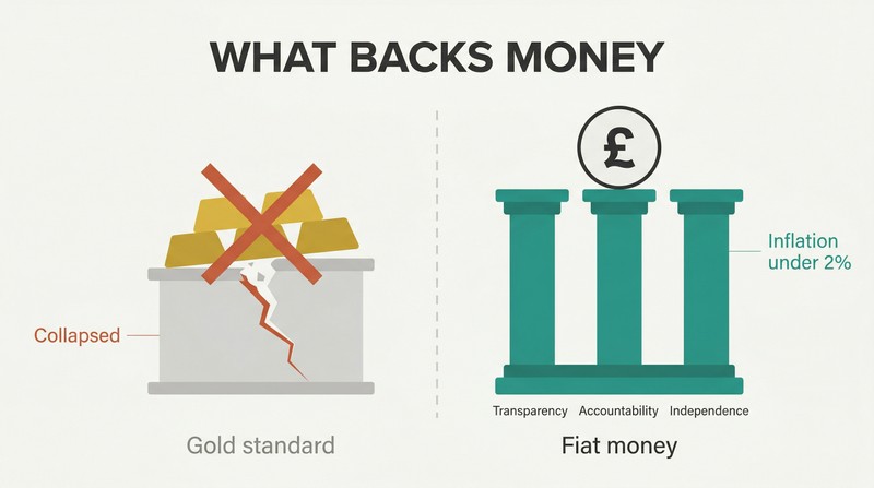 Split comparison showing gold bars as a crumbling foundation on the left versus three solid pillars labeled transparency, accountability, and independence supporting currency on the right.