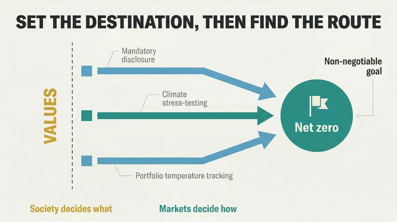 Multiple market-mechanism paths converging from the left toward a single fixed destination flag on the right, showing how values set the goal while markets optimize the path.
