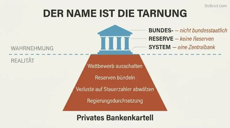 Iceberg diagram showing a small government-building facade above the waterline and a much larger private banking cartel structure hidden below it.