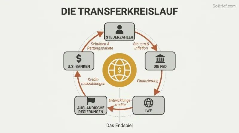 Circular flow diagram showing money cycling from taxpayers through the Fed, IMF, foreign governments, and back to banks, with a world central bank icon at the center.