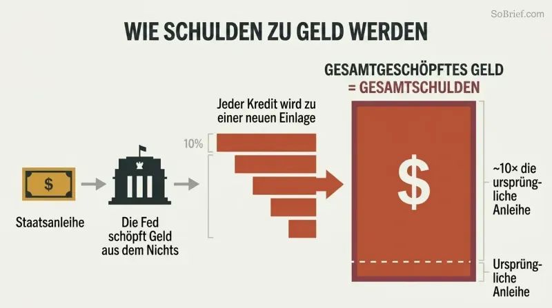 Cascading expansion diagram showing a single government bond multiplying through fractional reserve lending into ten times its value in money, all of which is debt.