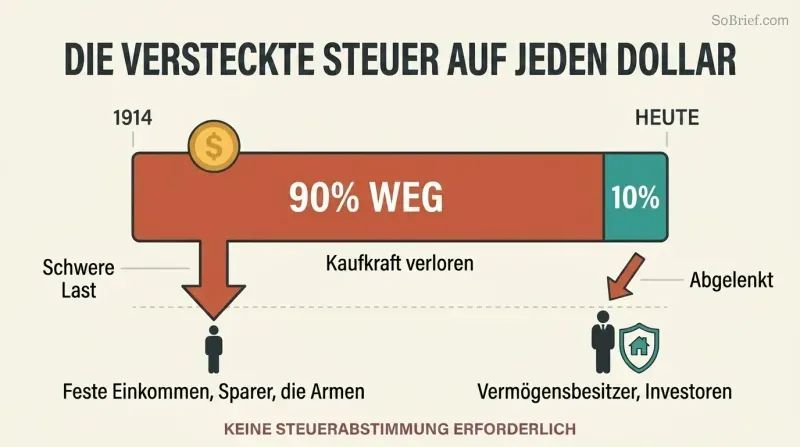 Proportion bar showing ninety percent of dollar purchasing power lost since 1914, with two figures below illustrating heavier burden on the poor versus the shielded wealthy.