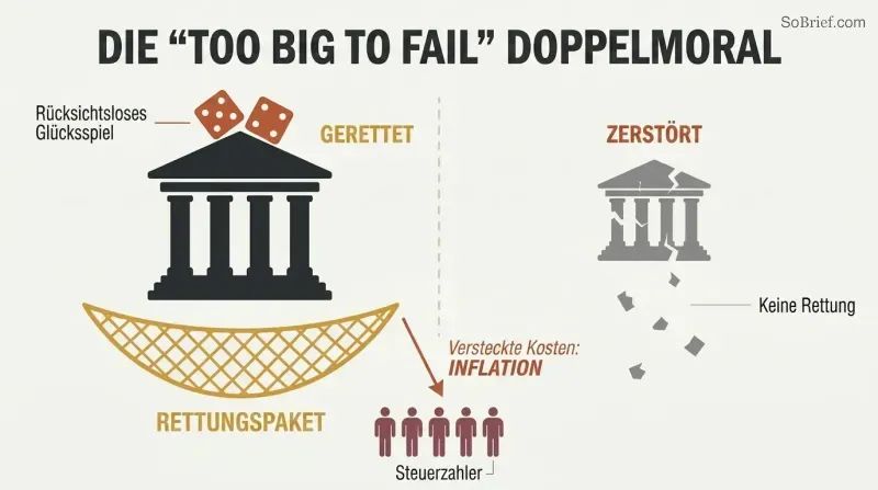 Split panel showing a large bank caught by a safety net labeled bailout while a small bank crumbles with no net, with taxpayer silhouettes below absorbing the cost through inflation.