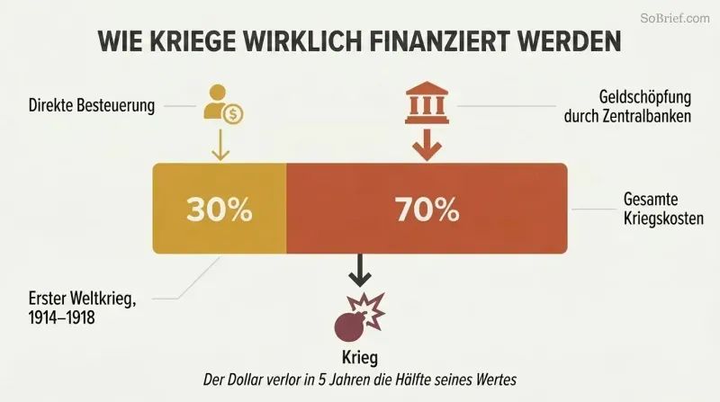 Stacked proportion bar showing 70% of WWI costs funded by central-bank money creation versus only 30% by direct taxation.