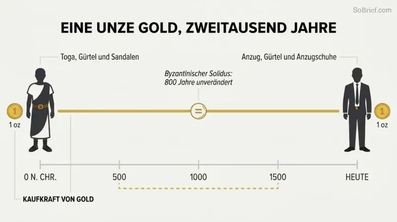Timeline from ancient Rome to today with a flat gold line showing stable purchasing power, a toga at left and a suit at right both labeled one ounce of gold.