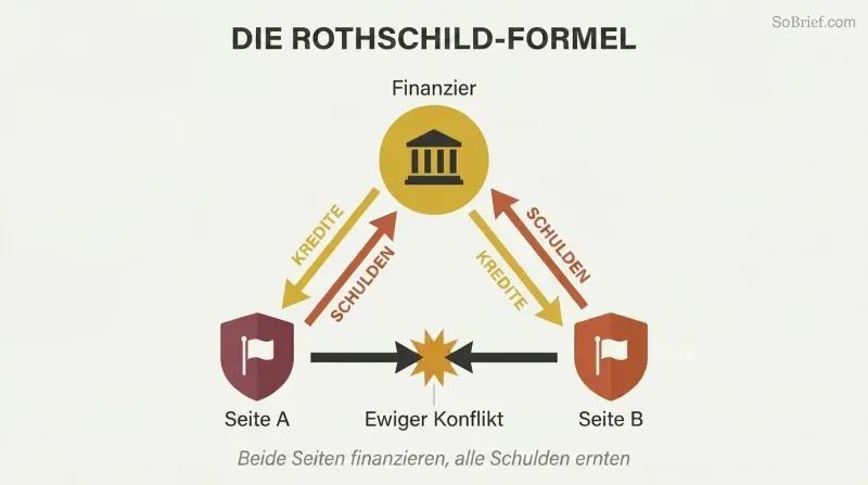 Triangular loop showing a financier at the top sending loans down to two opposing sides who fight each other while debt flows back up to the financier.
