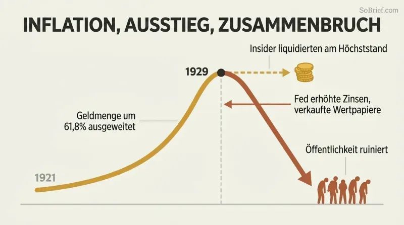 Rising curve representing the 1920s bubble peaks and forks into two paths — insiders exiting safely at the top while the public rides the steep crash downward.