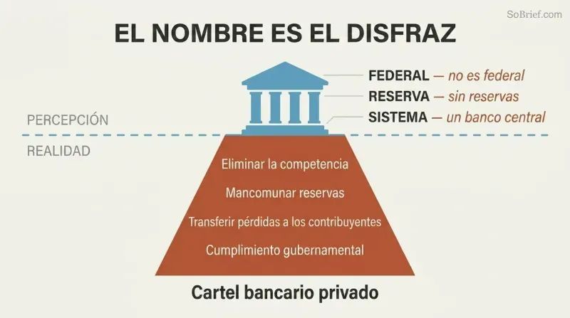 Iceberg diagram showing a small government-building facade above the waterline and a much larger private banking cartel structure hidden below it.