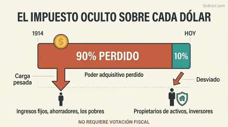 Proportion bar showing ninety percent of dollar purchasing power lost since 1914, with two figures below illustrating heavier burden on the poor versus the shielded wealthy.