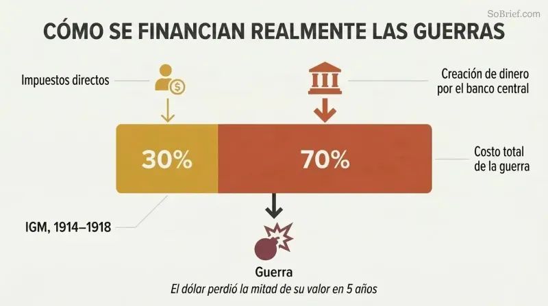 Stacked proportion bar showing 70% of WWI costs funded by central-bank money creation versus only 30% by direct taxation.