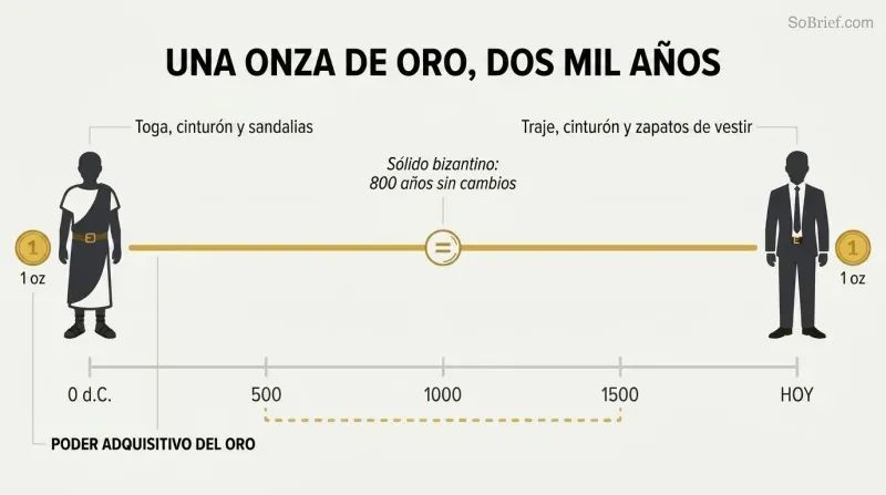 Timeline from ancient Rome to today with a flat gold line showing stable purchasing power, a toga at left and a suit at right both labeled one ounce of gold.