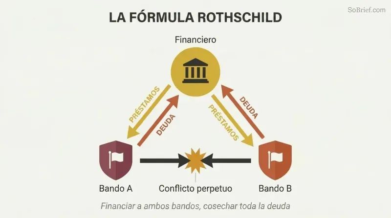 Triangular loop showing a financier at the top sending loans down to two opposing sides who fight each other while debt flows back up to the financier.