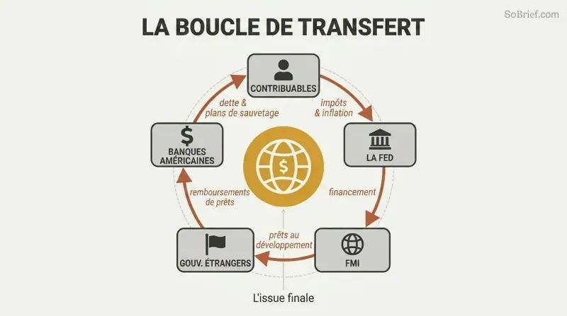 Circular flow diagram showing money cycling from taxpayers through the Fed, IMF, foreign governments, and back to banks, with a world central bank icon at the center.