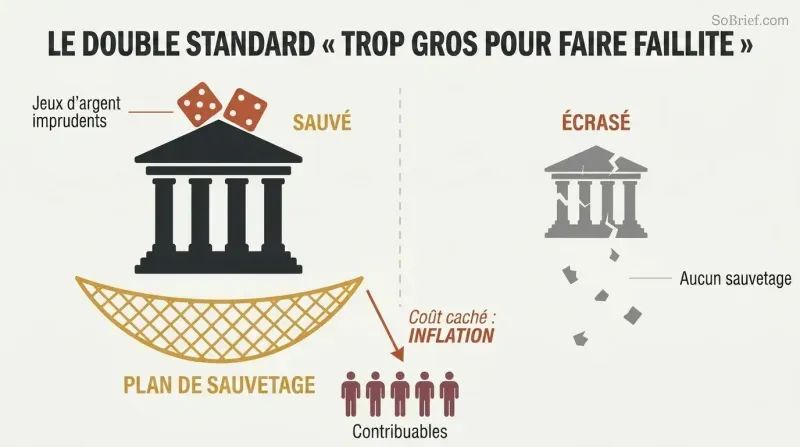 Split panel showing a large bank caught by a safety net labeled bailout while a small bank crumbles with no net, with taxpayer silhouettes below absorbing the cost through inflation.