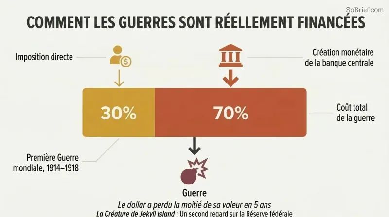 Stacked proportion bar showing 70% of WWI costs funded by central-bank money creation versus only 30% by direct taxation.