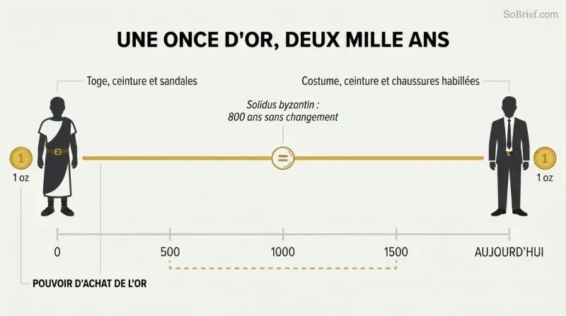 Timeline from ancient Rome to today with a flat gold line showing stable purchasing power, a toga at left and a suit at right both labeled one ounce of gold.