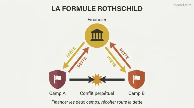 Triangular loop showing a financier at the top sending loans down to two opposing sides who fight each other while debt flows back up to the financier.