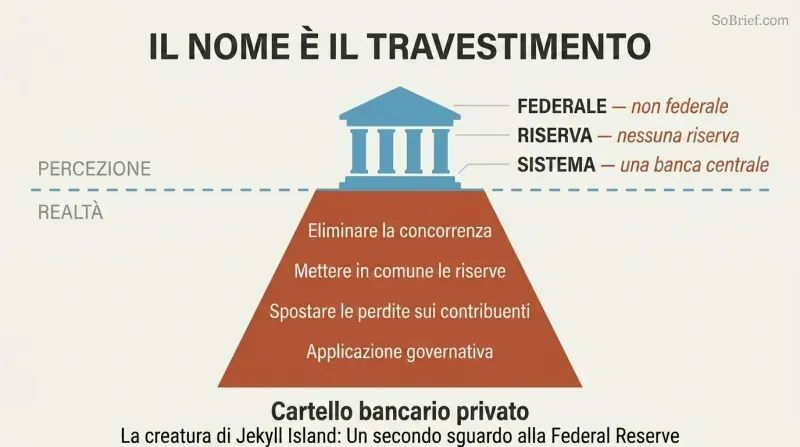 Iceberg diagram showing a small government-building facade above the waterline and a much larger private banking cartel structure hidden below it.