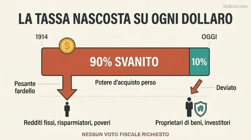 Proportion bar showing ninety percent of dollar purchasing power lost since 1914, with two figures below illustrating heavier burden on the poor versus the shielded wealthy.