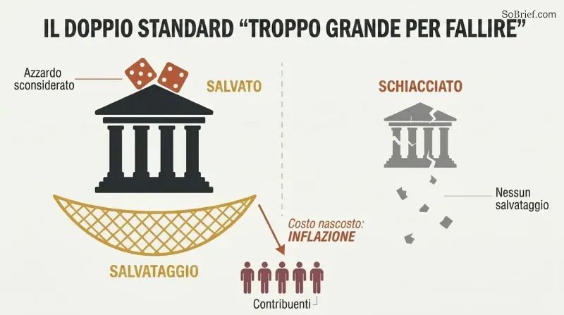 Split panel showing a large bank caught by a safety net labeled bailout while a small bank crumbles with no net, with taxpayer silhouettes below absorbing the cost through inflation.