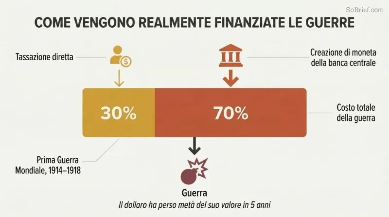 Stacked proportion bar showing 70% of WWI costs funded by central-bank money creation versus only 30% by direct taxation.