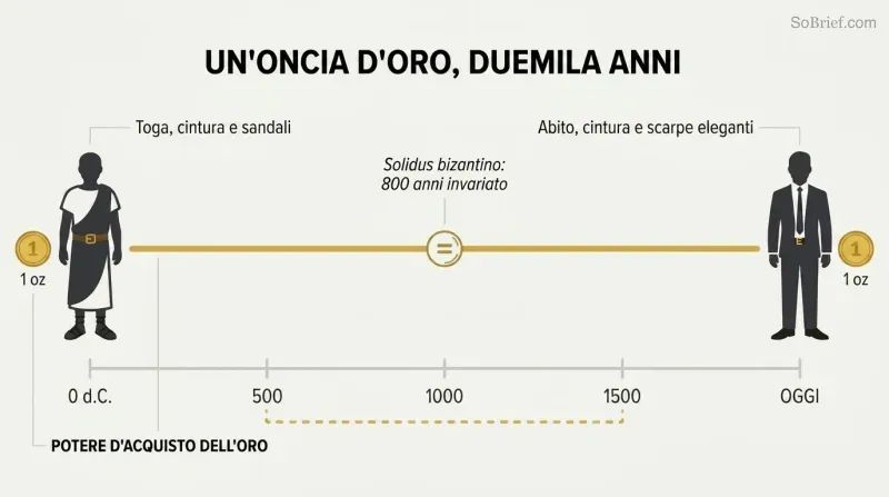 Timeline from ancient Rome to today with a flat gold line showing stable purchasing power, a toga at left and a suit at right both labeled one ounce of gold.