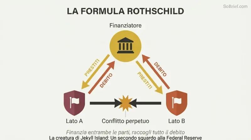 Triangular loop showing a financier at the top sending loans down to two opposing sides who fight each other while debt flows back up to the financier.