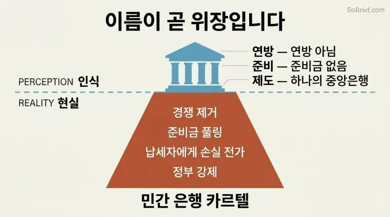 Iceberg diagram showing a small government-building facade above the waterline and a much larger private banking cartel structure hidden below it.