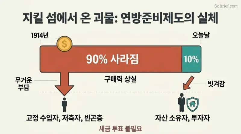 Proportion bar showing ninety percent of dollar purchasing power lost since 1914, with two figures below illustrating heavier burden on the poor versus the shielded wealthy.
