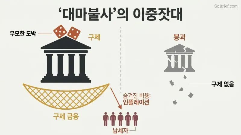 Split panel showing a large bank caught by a safety net labeled bailout while a small bank crumbles with no net, with taxpayer silhouettes below absorbing the cost through inflation.