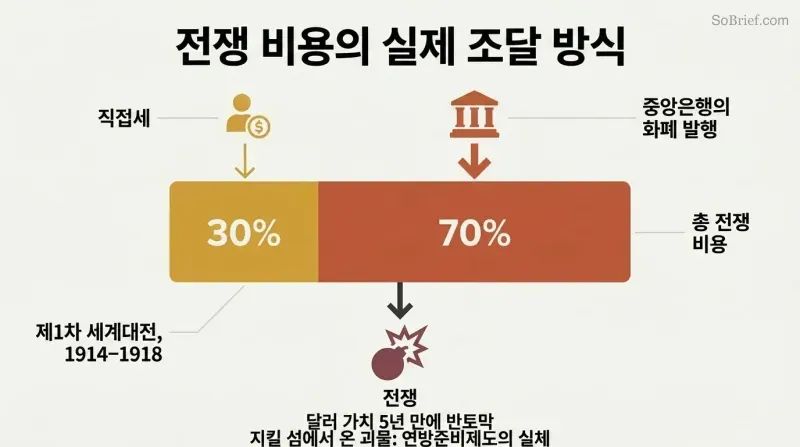 Stacked proportion bar showing 70% of WWI costs funded by central-bank money creation versus only 30% by direct taxation.