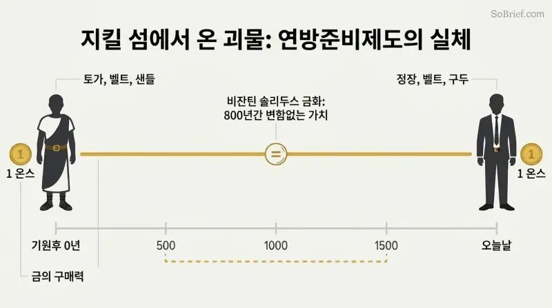 Timeline from ancient Rome to today with a flat gold line showing stable purchasing power, a toga at left and a suit at right both labeled one ounce of gold.