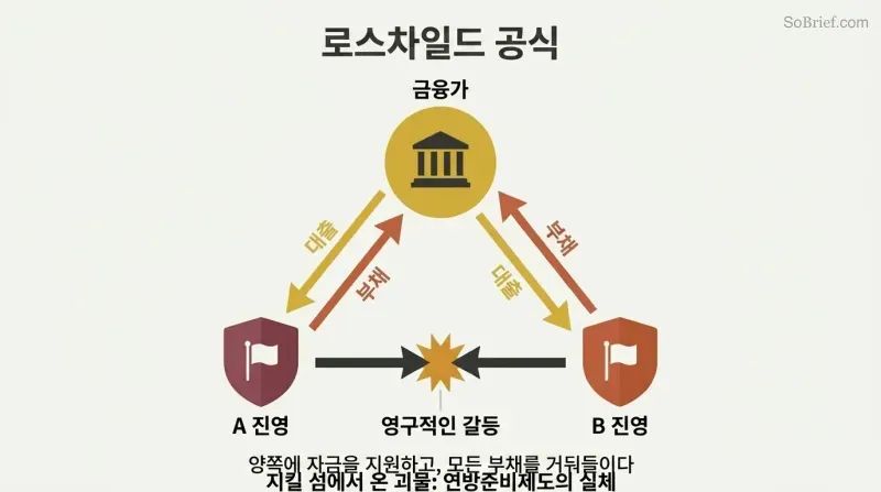 Triangular loop showing a financier at the top sending loans down to two opposing sides who fight each other while debt flows back up to the financier.