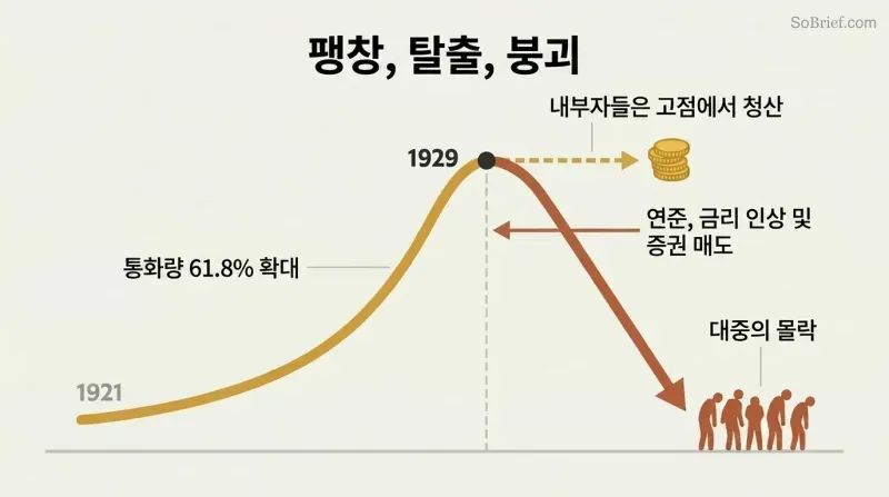 Rising curve representing the 1920s bubble peaks and forks into two paths — insiders exiting safely at the top while the public rides the steep crash downward.