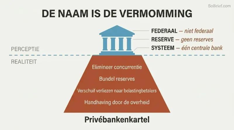 Iceberg diagram showing a small government-building facade above the waterline and a much larger private banking cartel structure hidden below it.