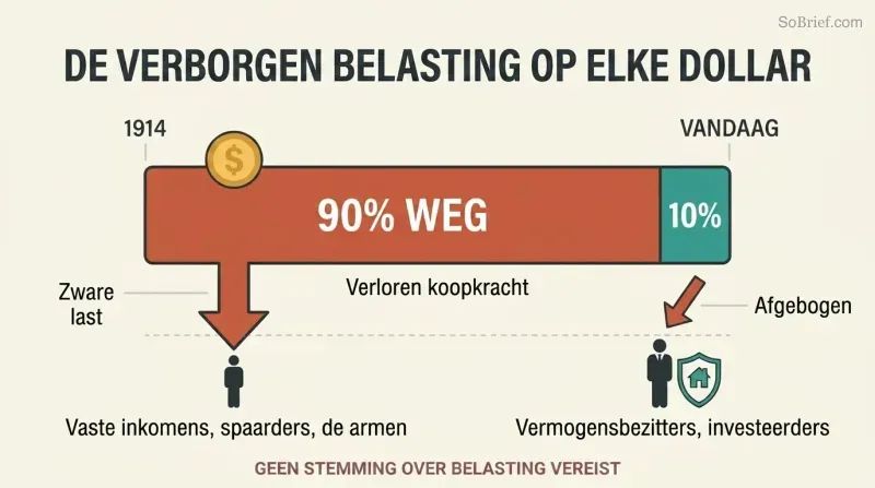 Proportion bar showing ninety percent of dollar purchasing power lost since 1914, with two figures below illustrating heavier burden on the poor versus the shielded wealthy.
