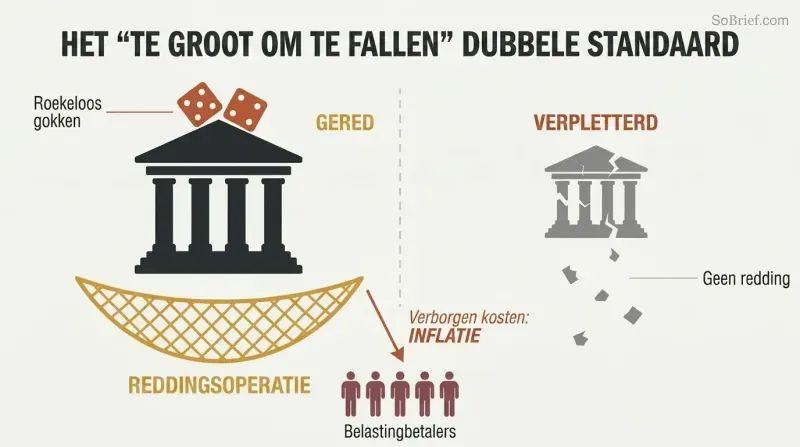 Split panel showing a large bank caught by a safety net labeled bailout while a small bank crumbles with no net, with taxpayer silhouettes below absorbing the cost through inflation.