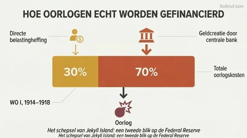 Stacked proportion bar showing 70% of WWI costs funded by central-bank money creation versus only 30% by direct taxation.