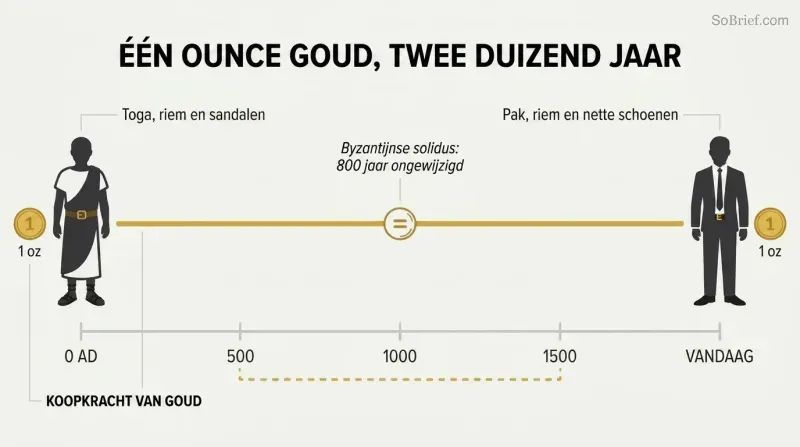 Timeline from ancient Rome to today with a flat gold line showing stable purchasing power, a toga at left and a suit at right both labeled one ounce of gold.