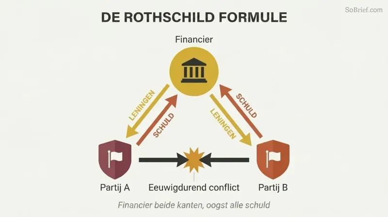 Triangular loop showing a financier at the top sending loans down to two opposing sides who fight each other while debt flows back up to the financier.