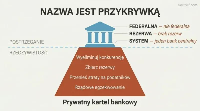 Iceberg diagram showing a small government-building facade above the waterline and a much larger private banking cartel structure hidden below it.