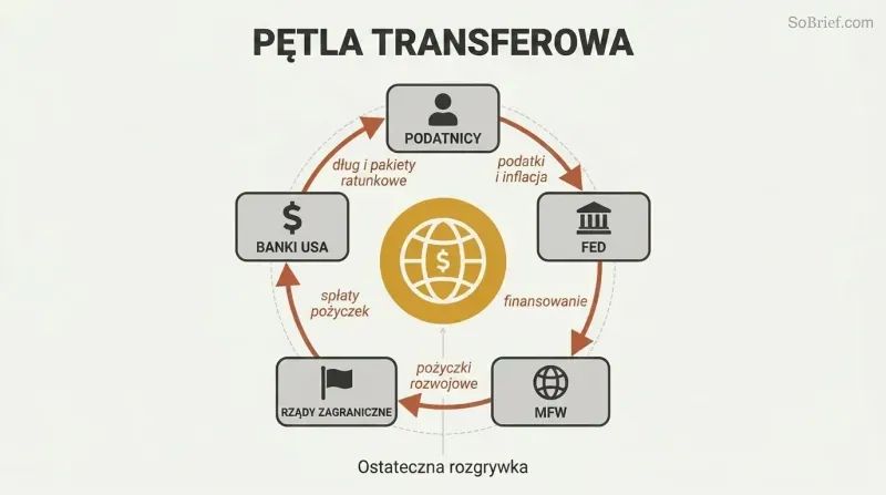 Circular flow diagram showing money cycling from taxpayers through the Fed, IMF, foreign governments, and back to banks, with a world central bank icon at the center.