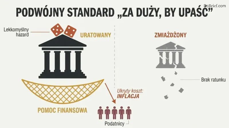 Split panel showing a large bank caught by a safety net labeled bailout while a small bank crumbles with no net, with taxpayer silhouettes below absorbing the cost through inflation.