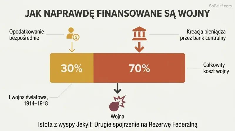 Stacked proportion bar showing 70% of WWI costs funded by central-bank money creation versus only 30% by direct taxation.
