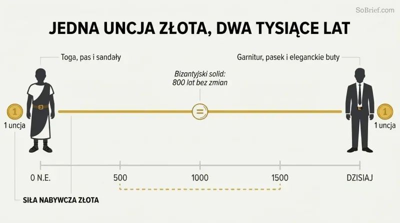 Timeline from ancient Rome to today with a flat gold line showing stable purchasing power, a toga at left and a suit at right both labeled one ounce of gold.